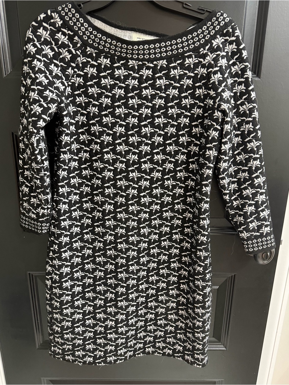 Max Studio Black White Floral Print 3/4 Sleeve Shift Dress XS